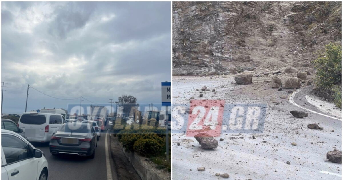 Κατολισθήσεις-στη-Σαντορίνη:-Κλειστός-ο-δρόμος-προς-το-λιμάνι-του-Αθηνιού-–-Ουρές-οχημάτων-στο-σημείο